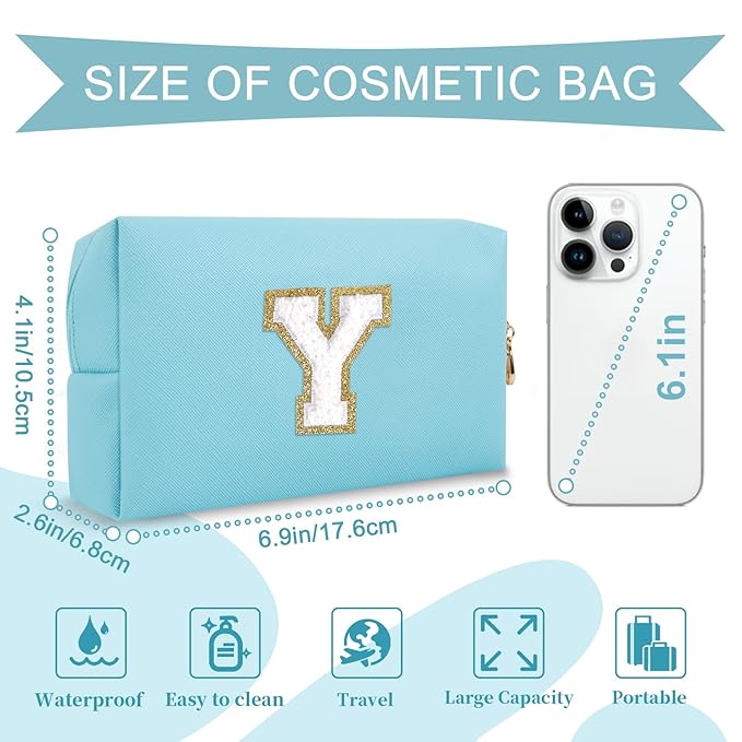 Small Personalized Initial A-Z Preppy Patch Makeup Bag,PU Chenille Letter Travel Cosmetic Pouch with Zipper,Blue Cute Toiletry Bag,Gift Ideal for Teen Girls Women Teacher Bridesmaid,Letter Y