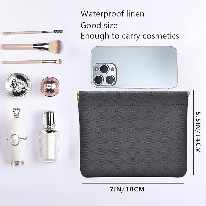 Leather Pocket Cosmetic Bag for Purse,Coin Purse Lipstick Cosmetic Accessories Organizer, Travel Kit Storage Pouch,Waterproof Portable No Zipper Self-closing (Black/lozenge)