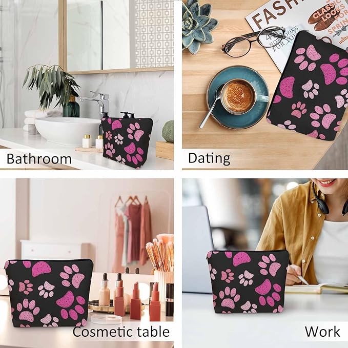 Women Cosmetic Bag Dog Paw, Pet Cat Paws Dog Prints Footprint Cute Makeup Bag For Purse Cosmetic Travel Bag For Toiletries Makeup Storage Bag Flax Skincare Bag Make Up Pouch Bags, Pink Black