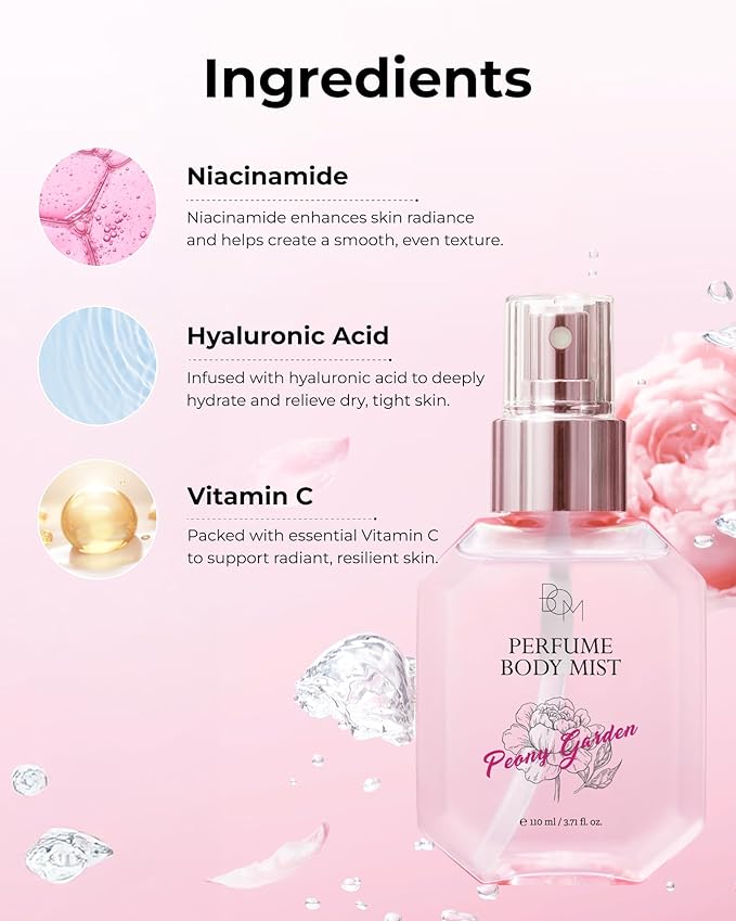 BOM Peony Garden Perfume Body Mist 3.71 Fl Oz, Floral Scented Fine Mist with Hyaluronic Acid, Niacinamide & Vitamin C, Hydrating, Lightweight Body Perfume, Long-Lasting Fragrance, Korean Skincare
