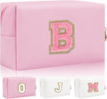 Personalized Initial Letter Patch Makeup Bag, Preppy Small Chenille Cosmetic Bag with Zipper, PU Leather Waterproof Travel Toiletry Bag Monogram Make Up Pouch for Women Girls