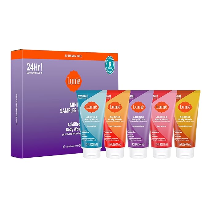 Lume Acidified Body Wash 5 Pack Minis - 24 Hour Odor Control - Moisturizing Formulated Without SLS & Parabens - 1.5 ounce Tubes (Clean Tangerine, Lavender Sage, Peony Rose, Toasted Coconut, Unscented)