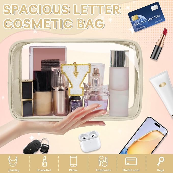 Personalized Initial Clear Makeup Bag, Travel Chenille Patch Cosmetic Bag, Preppy Toiletry Bag Monogram Cosmetic Pouch with Zipper, Ideal Gift for Teen Girls Women (Clear-Beige, Y)