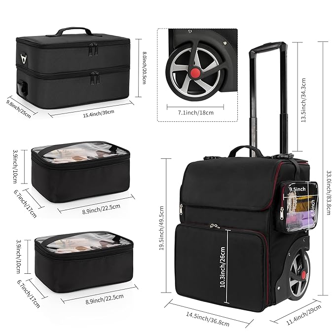 Large Makeup Train Case with Makeup Travel Bag and 4 Clear Makeup Bags for Hairstylist, Hairdresser Bag with Detachable Pouch,Heat Insulation Anti-scalding for Hairdressing Organizer Big wheels