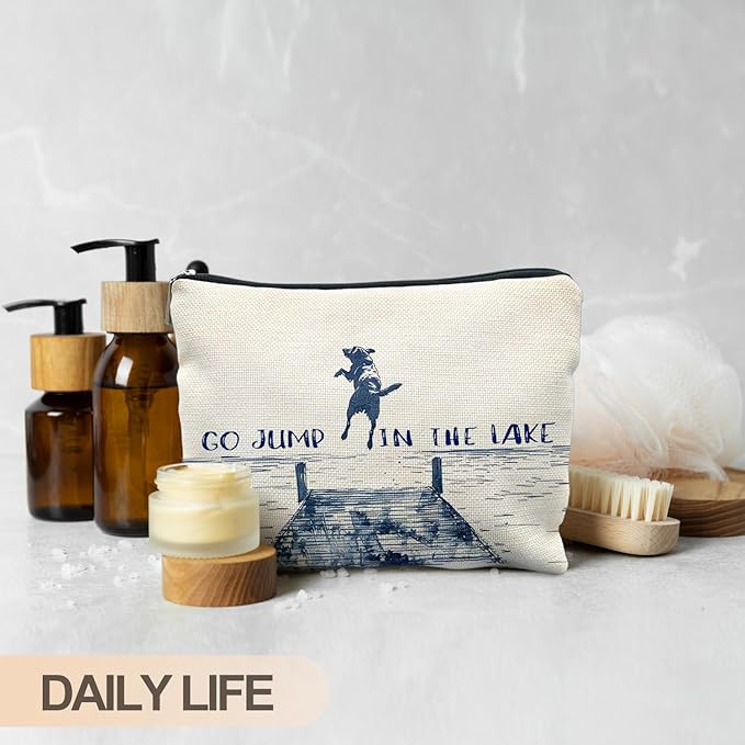 Funny Dog Makeup Bag, Dog Mom Lovers Gifts Cosmetic Bags for Women, Gifts for Lake Lovers, Go Jump in the Lake Funny Dogs Zipper Makeup Pouch