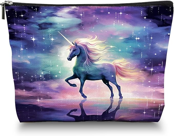 Makeup Bag Travel Cosmetic Bags Small Makeup Case Waterproof Zipper Pouch for Women Girls 7X9inches - Unicorn in A Starry And Cloudy Background