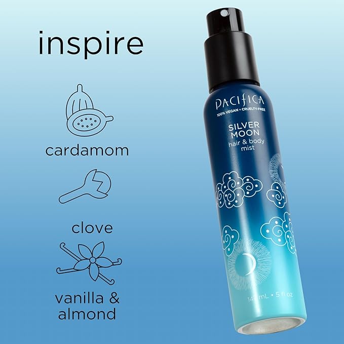 Pacifica Silver Moon Hair Mist Perfume & Full Body Spray for Women - Body Mist Fragrance w/BTonka, Santal, Cardamom, Vanilla Bean, Musk & Amber – Clean Beauty Alcohol-Free, Vegan & Cruelty-Free, 5 oz