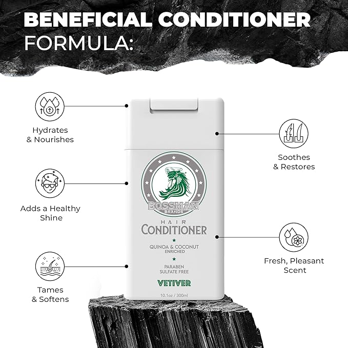 Bossman Moisturizing Hair Conditioner for Men – Stimulates, Hydrates, Soothes Men's Hair and Scalp – Natural Quinoa & Coconut Enriched - Paraben & Sulfate Free (Vetiver X Scent)