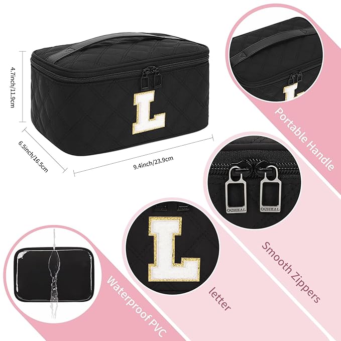 OCHEAL Makeup Bag for Women, Monogram Cosmetic Bag with Brush Holder,Black Travel Makeup Case Beauty Toiletry Bag Organizer Personalized Gifts for Girls Bridesmaid, Sister, Wife, Friends Initial L
