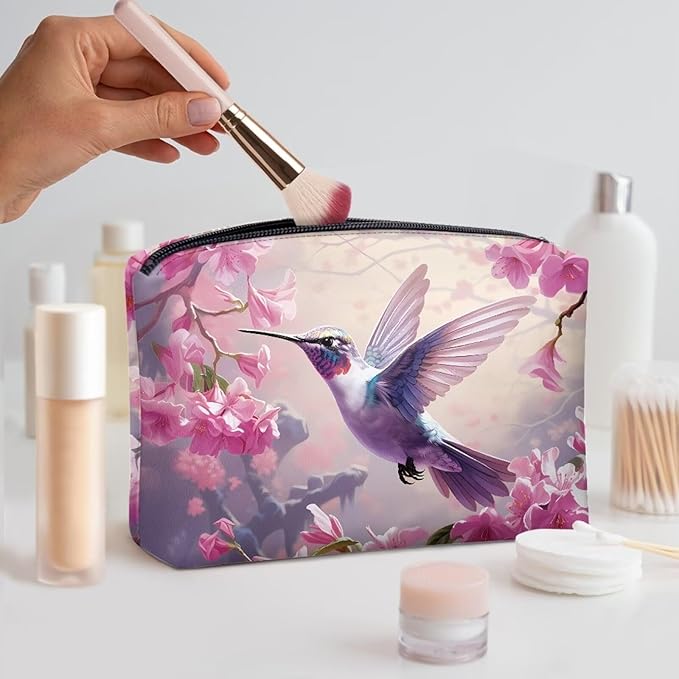 COEQINE Pink Makeup Bag for Women Leather Cosmetic Wallet Pink Hummingbirds Floral Print Cosmetic Purse for Wedding Birthday Party Cute Portable Cell Phone Case