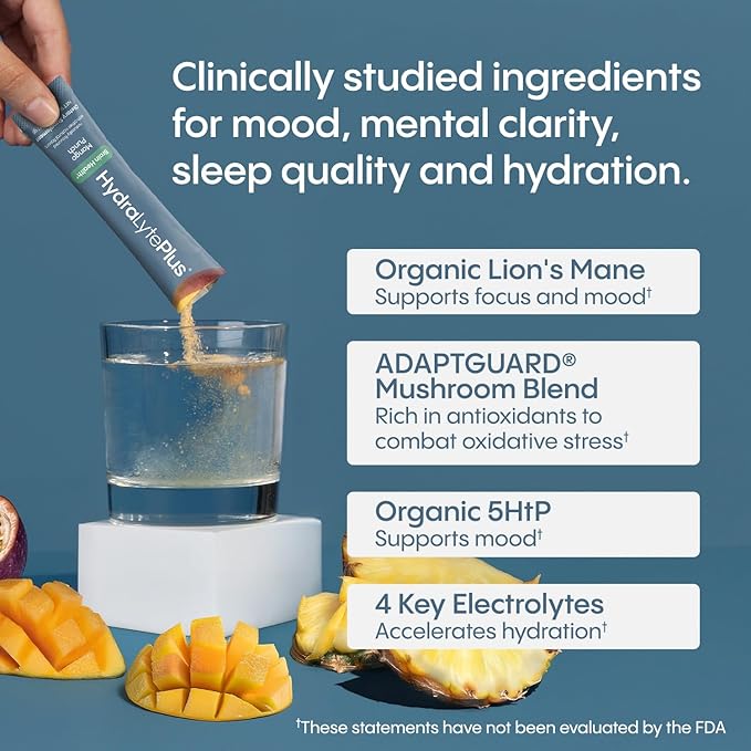 Hydralyte Brain Support - Memory & Focus | Electrolytes + Organic Lions Mane, Reishi, Cordyceps & 5-HTP | Adaptogen Drink Mix with Mushroom Powder | Support Focus and Mood (30 Pack, Mango Punch)