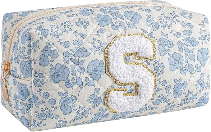 Gleyemor Personalized Initial Makeup Bag for Women, Cute Quilted Blue Floral Cotton Cosmetic Bag, Christmas Gifts for Her Mom Friend Sister Bridesmaid Teacher Women S