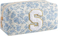 Gleyemor Personalized Initial Makeup Bag for Women, Cute Quilted Blue Floral Cotton Cosmetic Bag, Christmas Gifts for Her Mom Friend Sister Bridesmaid Teacher Women S