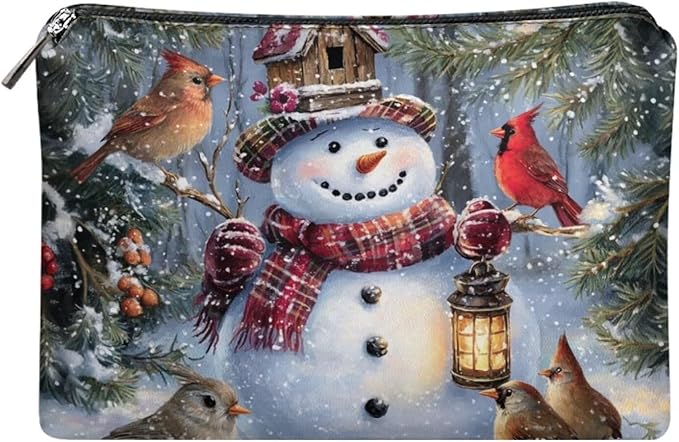COEQINE Small Makeup Pouch for Purses for Women Leather Snowman Purse Cosmetic Bag Cute Toiletry Travel Bag For Friend for Holiday Birthday Christmas Gifts