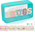 Iqimott Clear Patch Makeup Bag Drugs Pouch, Preppy Personalized Chenille Letter Cosmetic Pouch for Travel, Nylon Waterproof Organizer Travel Essentials Zipper Toiletry Bags for Women Girls(Green)
