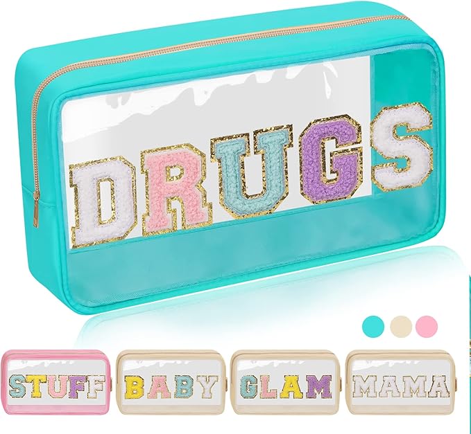 Iqimott Clear Patch Makeup Bag Drugs Pouch, Preppy Personalized Chenille Letter Cosmetic Pouch for Travel, Nylon Waterproof Organizer Travel Essentials Zipper Toiletry Bags for Women Girls(Green)