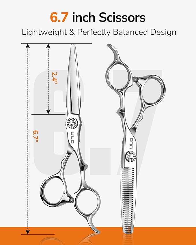 ULG Hair Cutting Shears & Thinning Scissors Kit, Japanese 440C Stainless Steel, Professional Barber Scissors Set for Home and Salon, 6.7-Inch 2.2oz Lightweight, Ergonomic Offset Handles