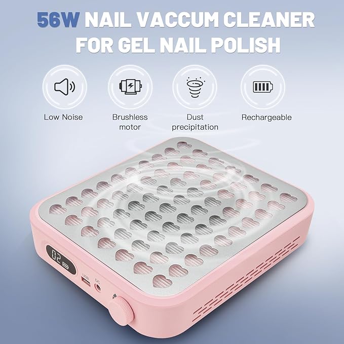 Rechargeable Cordless Nail Dust Collector: Powerful Quiet Nail Fan Vacuum Dust Collector with 2 Filters 1 Brush, Nail Vent Dust Extractor Cleaner for Acrylic Gel Nail Polishing Nail Tech Use, Pink