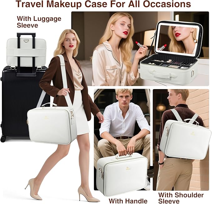 Large Makeup Bag with LED Mirror,Travel Cosmetic Train Case for Makeup Artists,Makeup Organizer Case with Divider Rechargeable Vanity Mirror with 3 Color Lights for Barber,MUA,Nail Tech, Beige