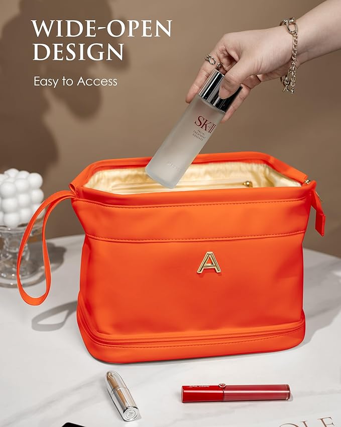 Bridesmaid Gift, Initial Makeup Bags, Personalized Double Layer Cosmetic Bag with Makeup Brush Organizer, Waterproof, Large Capacity PU Leather Travel Toiletry Bag