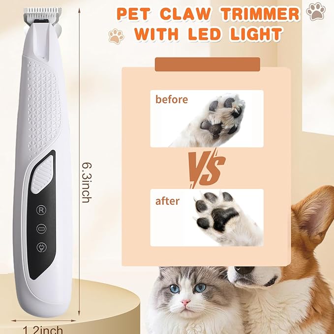 Professional Dog & Cat Trimmer - Quiet Electric Pet Grooming Kit for Ears/Eyes/Paws with LED Light - Cordless Battery-Powered Fur & Nail Clipper for Small/Large Breeds(White)