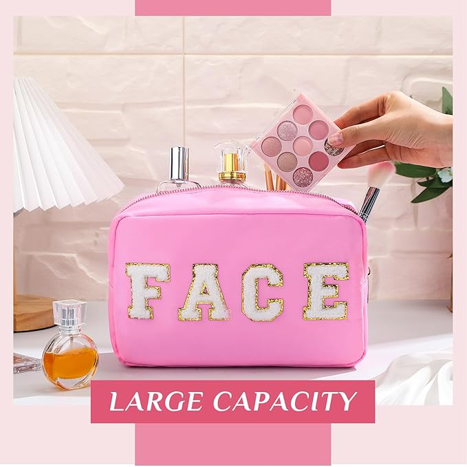 Remerry 4 PCS Nylon Cosmetic Bags Waterproof Spacious Travel Makeup Organizer for Women Chenille Letter Preppy Zipper Pouch Face Stuff Skin Hair Organizer Gift(Rose Red, Pink, Light Pink, White)