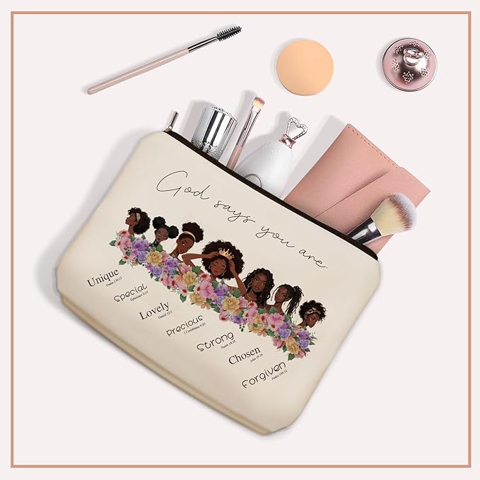 Inspirational Christian Makeup Bag Gifts: God Says You Are Themed Cosmetic & Toiletry Organizer Pouch For African American Black Teen Girls & Women.Ideal Gift For Travel, Birthdays, & Christmas.