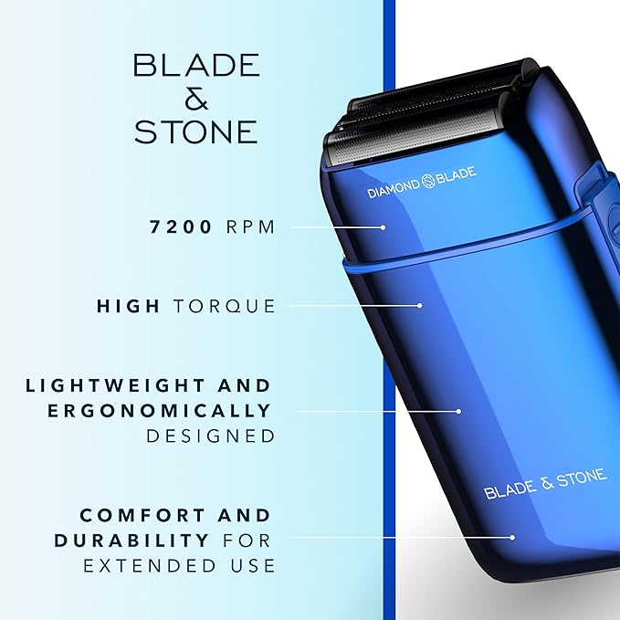 Blade & Stone PS501 Foil Shaver for Men – Dual Foil Cordless Shaver with Graphene-X Blades and 8000 RPM Digital Motor – All-Metal, Rechargeable Wet and Dry Razor – Big Blue