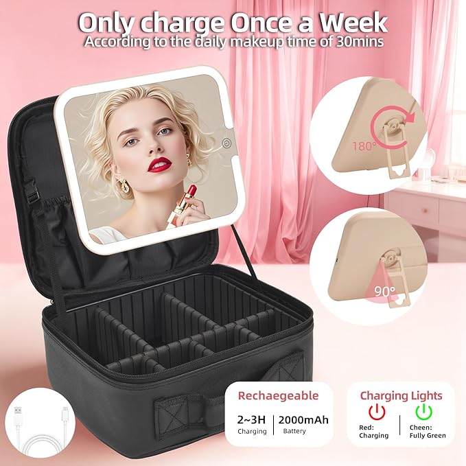 Travel Makeup Bag with LED Mirror,Removable Mirror with 3 Color Modes,Portable makeup travel organizer for Women,Makeup Case with 8 Adjustable EVA Dividers,Cosmetic Train Case with Lighted Mirror