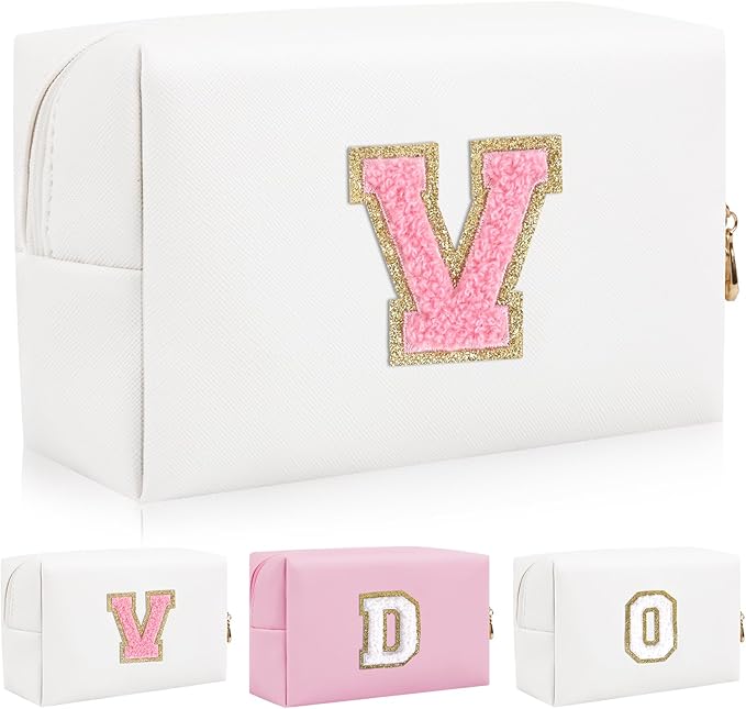 Personalized Initial Letter Patch Makeup Bag, Preppy Portable Chenille Letter Cosmetic Bag with Zipper, PU Leather Waterproof Travel Toiletry Bag Monogram Make Up Pouch for Women Girls(Letter V)