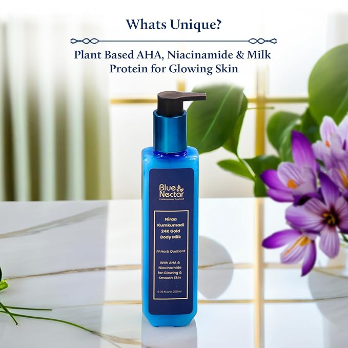 Blue Nectar Gold and Saffron Body Milk for Women & Men | Body Lotion with Plant Based AHA & Niacinamide | Moisturizer for Body | All Skin Types (14 Herbs, 3.38 Fl Oz)