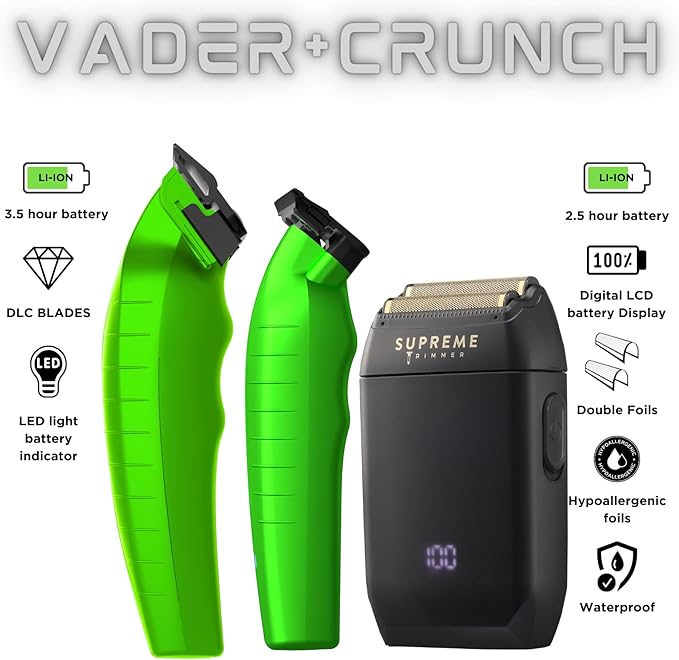 Supreme Trimmer 3-in-1 Barber Kit | Vader Clipper, Vader Trimmer & Crunch Foil Shaver | Men's Professional Beard Trimmer, Brushless Motor Clippers & Waterproof IPX6 Shaver | Acid