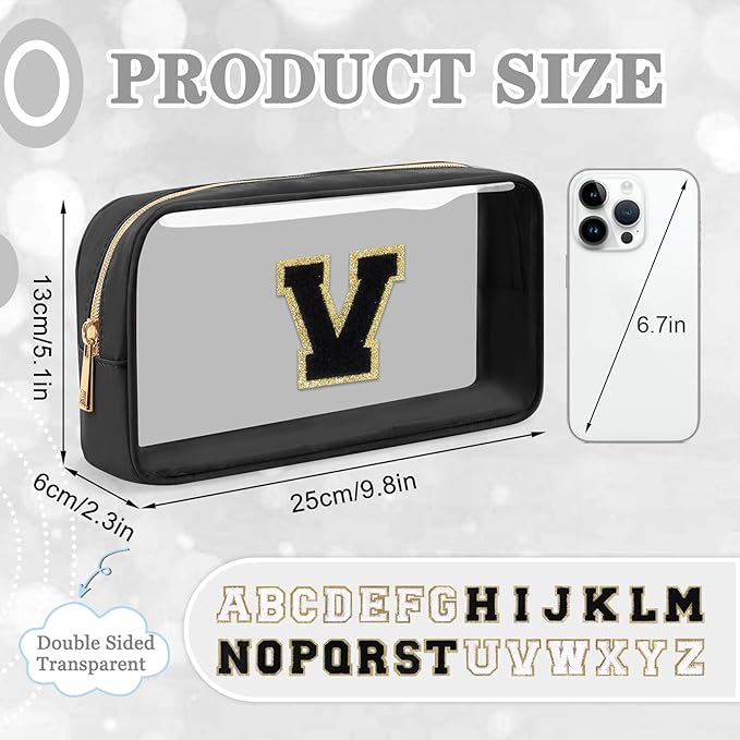 Small Clear Personalized Initial Makeup Bag, Preppy Nylon A-Z Chenille Letter Patch Makeup Organizer TSA Approved Travel Toiletry Bag,Waterproof Zip Beach Cosmetic Pouch Purse for Women(Black-Black V)