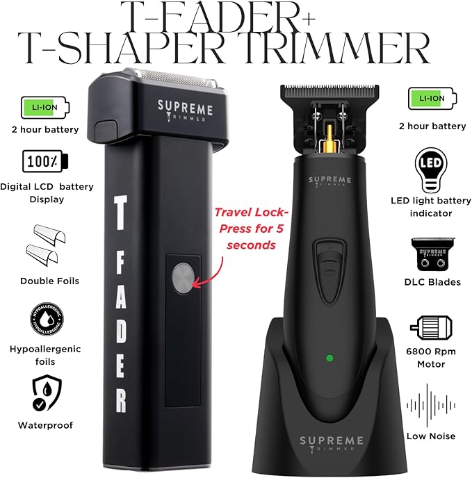 Supreme Trimmer 2-in-1 T-Fader Foil Shaver & DLC T-Shaper Trimmer Set | ST5206 Beard Trimmer STF501 Electric Razor | Travel Hair Trimmer | Black