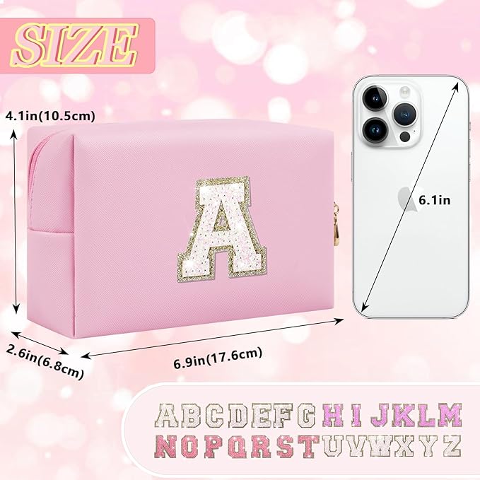 Personalized Initial Makeup Bag, Preppy Glitter Letter Patch Cosmetic Pouch, PU Waterproof Travel Toiletry Bag, Cute Makeup Organizer, Monogrammed Gift for Women Girls (Letter A)