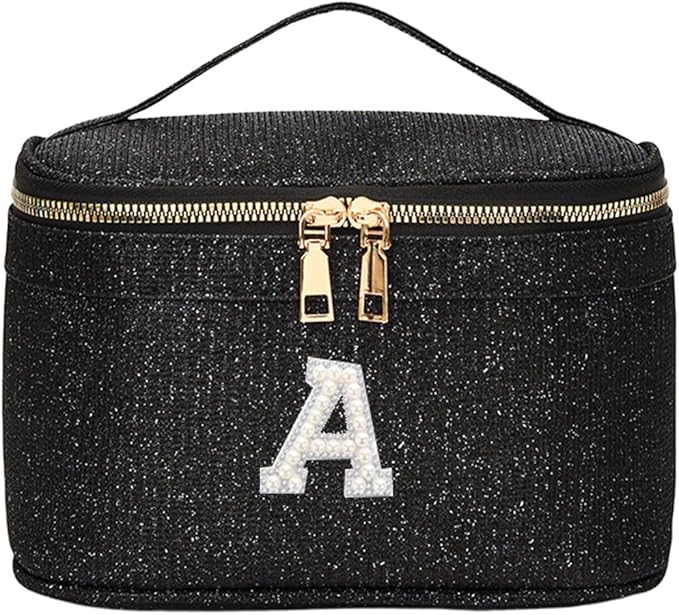 EURYNOME Sparkling Monogram Makeup Bag - Water-Resistant Travel Cosmetic Organizer (8.3x5.1x5.1 Inch) for Women, Custom Letter A Design