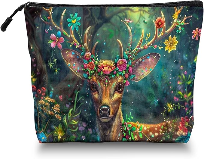 Cosmetic Bags Travel Makeup Toilet Case Waterproof Pouch for Women Girls 6.7X9.45inches - Deer'S Graceful Look With Blooming Antlers