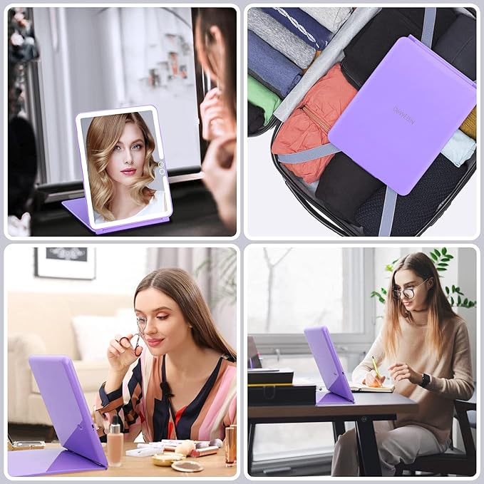 deweisn Folding Lighted Makeup Mirror with 72 LEDs 3 Colors Light Modes USB Rechargable 1800mA Batteries Portable Ultra Thin Compact Vanity Mirror Dimmable Travel Mirror