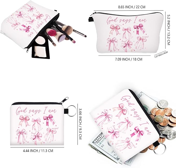 God Says I Am Makeup Bag Set of 2, Christian Bible Verse Bow Cosmetic Bag, Religious Gift for Women, Inspirational Toiletry Pouch for Travel, Birthday, Church, Faith-Based Gifts