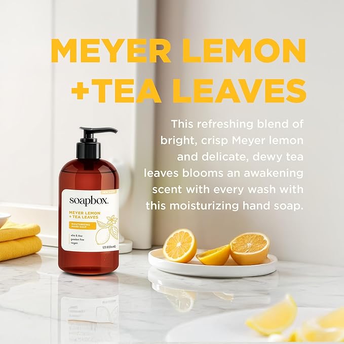 Soapbox Liquid Hand Soap, Meyer Lemon & Tea Leaves - Gentle, Moisturizing Hand Cleanser, Vegan, Cruelty Free Hand Soap for Bathroom and Kitchen, 12oz Pump Bottles (Pack of 3)