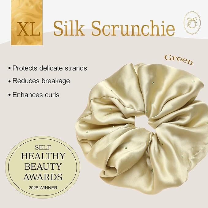 100% Mulberry Silk Scrunchies for Women Ponytail Holders – Plus Rhinestone-Embellished Design for Curly, No Damage Hair Ties for Curly, Thick, and Thin - Hair Accessories for Women Green