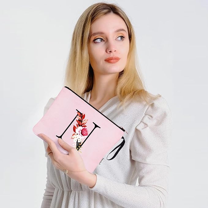 Vavabox A-Z Personalized Makeup Bag, Birthday Gifts for Women Mom, Gifts for Best Friend, Bride Bridesmaid Cosmetic bag (N, Pink)