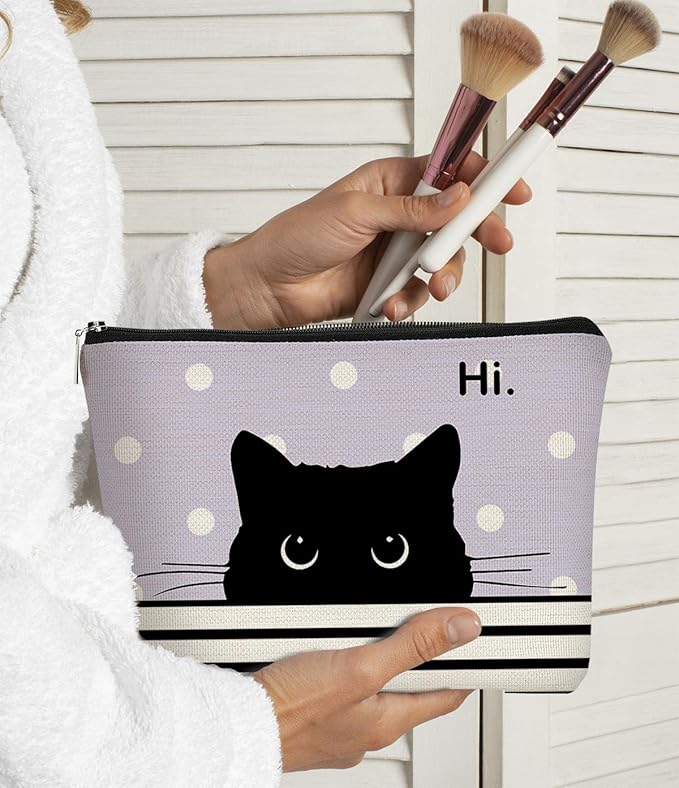 Cat Makeup Bag - Small Cute Cosmetic Bag for Women & Girls, Black & Purple Polka Dot Cat Lady Gifts