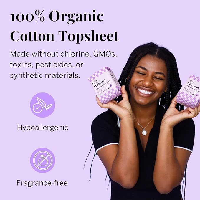 Pixie Organic Cotton Pads for Women - Ultra Thin with Wings, Leak-Proof & Moisture-Wicking for Feminine Care - Compostable, Unscented Menstrual Pads - Regular Absorbency - 12 Count