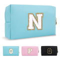 Small Personalized Initial A-Z Preppy Patch Makeup Bag,PU Chenille Letter Travel Cosmetic Pouch with Zipper,Blue Cute Toiletry Bag,Gift Ideal for Teen Girls Women Teacher Bridesmaid,Letter N