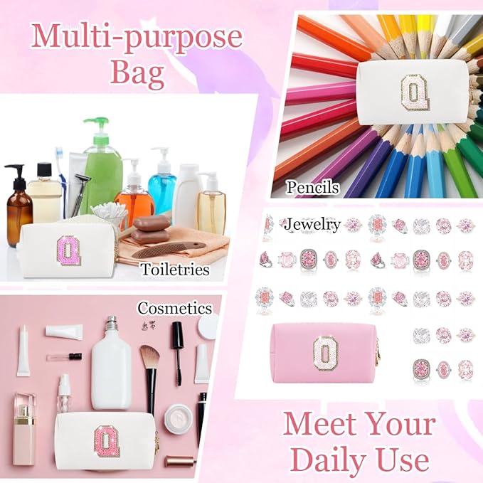 Small Personalized Glitter Initial Letter Makeup Bag, Cute PU Leather Chenille Letters Cosmetic Bag Travel Makeup Pouch, Preppy Travel Organizer Zipper Pouch for Women&Girls（Pink-Q）