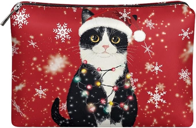 COEQINE Christmas Lights Cute Cat Makeup Bag Small Organizer Red Snowflake Leather Cosmetic Bag For Purse with Zipper Waterproof Artist Organizer Bag Cute Pencil Pouch