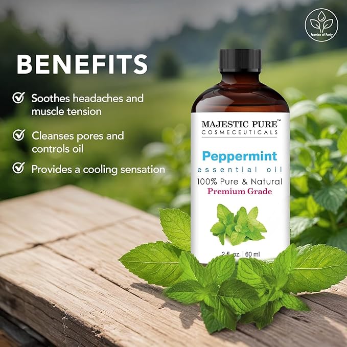 Majestic Pure Peppermint Essential Oil with Glass Dropper - 2 Fl Oz - 100% Pure and Natural Peppermint Oil - Premium Grade Essential Oils for Diffuser, Aromatherapy, Soap and Candle Making