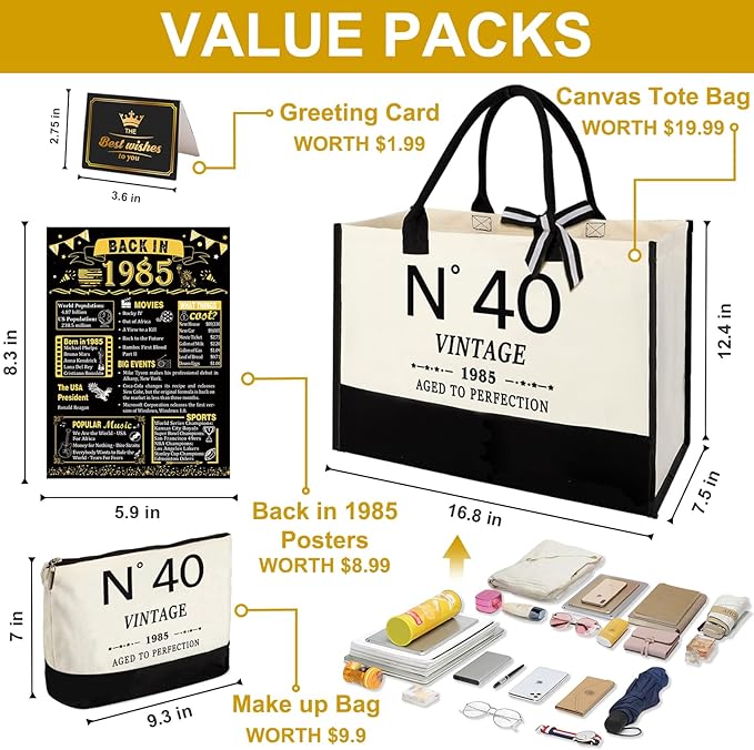 40th Birthday Gifts for Women Canvas Tote Bag Travel Gear, Unique 40 Years Old Birthday Gifts for Her Mom Wife Aunt Friends, Vintage N40 Handbag & Cosmetic Bag & Back in 1985 Poster