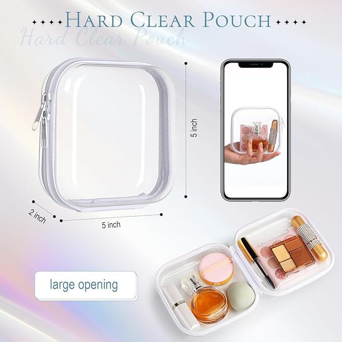Sanwuta 6 Pcs Clear Hard Zipper Case Hard Plastic Zipper Pouches Makeup Bag Pencil Pouches Transparent Cases for Snacks Plastic Storage Organizer Box for Travel(White,5 x 5 x 2 Inch)